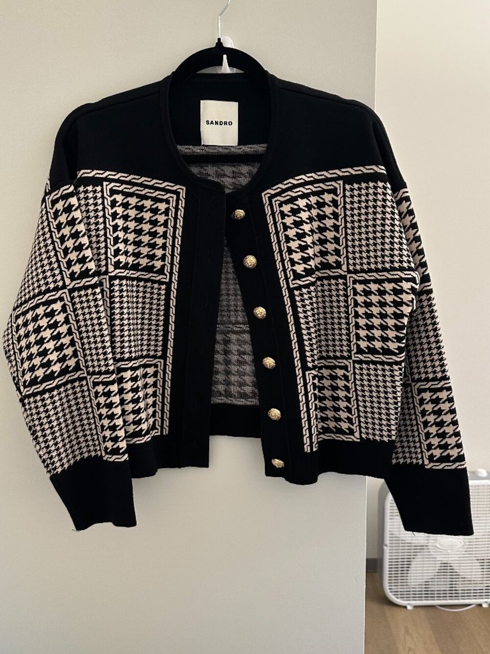 Sandro “Dane” Houndstooth Cardigan Black White Gold Button Parisian Chic Sweater